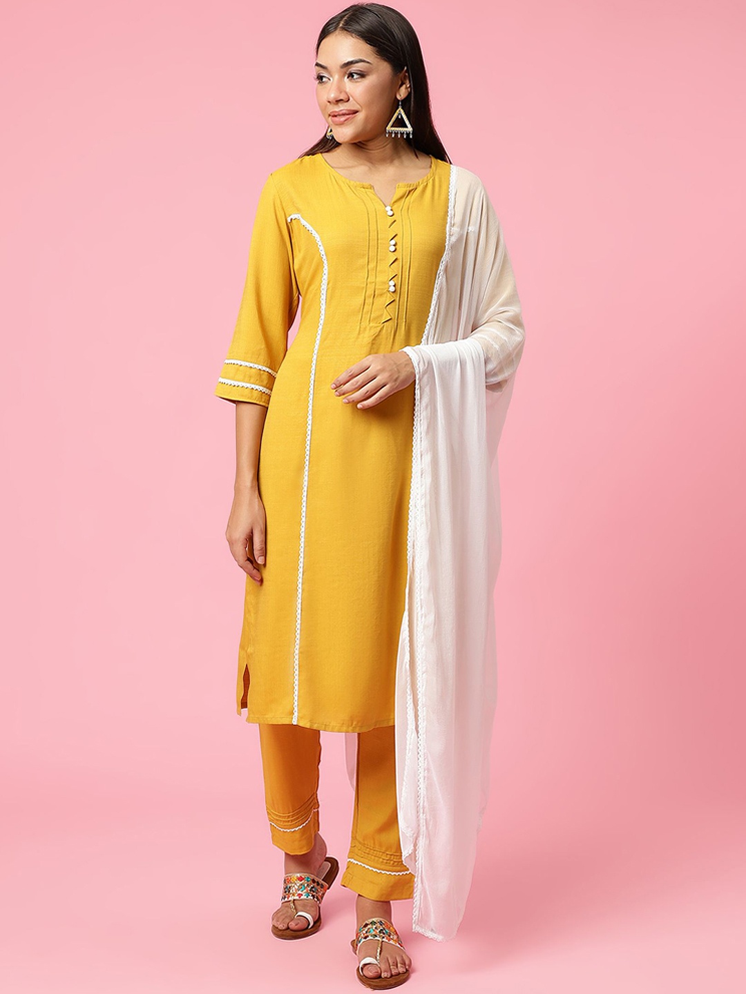 

Shree Notch Neck Pintuck Detailed Straigt Kurta With Trousers & Dupatta, Mustard