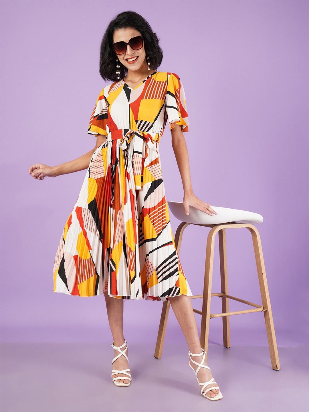 

Femvy Women Abstract Printed Flared Sleeve Fit & Flare Dress, Yellow