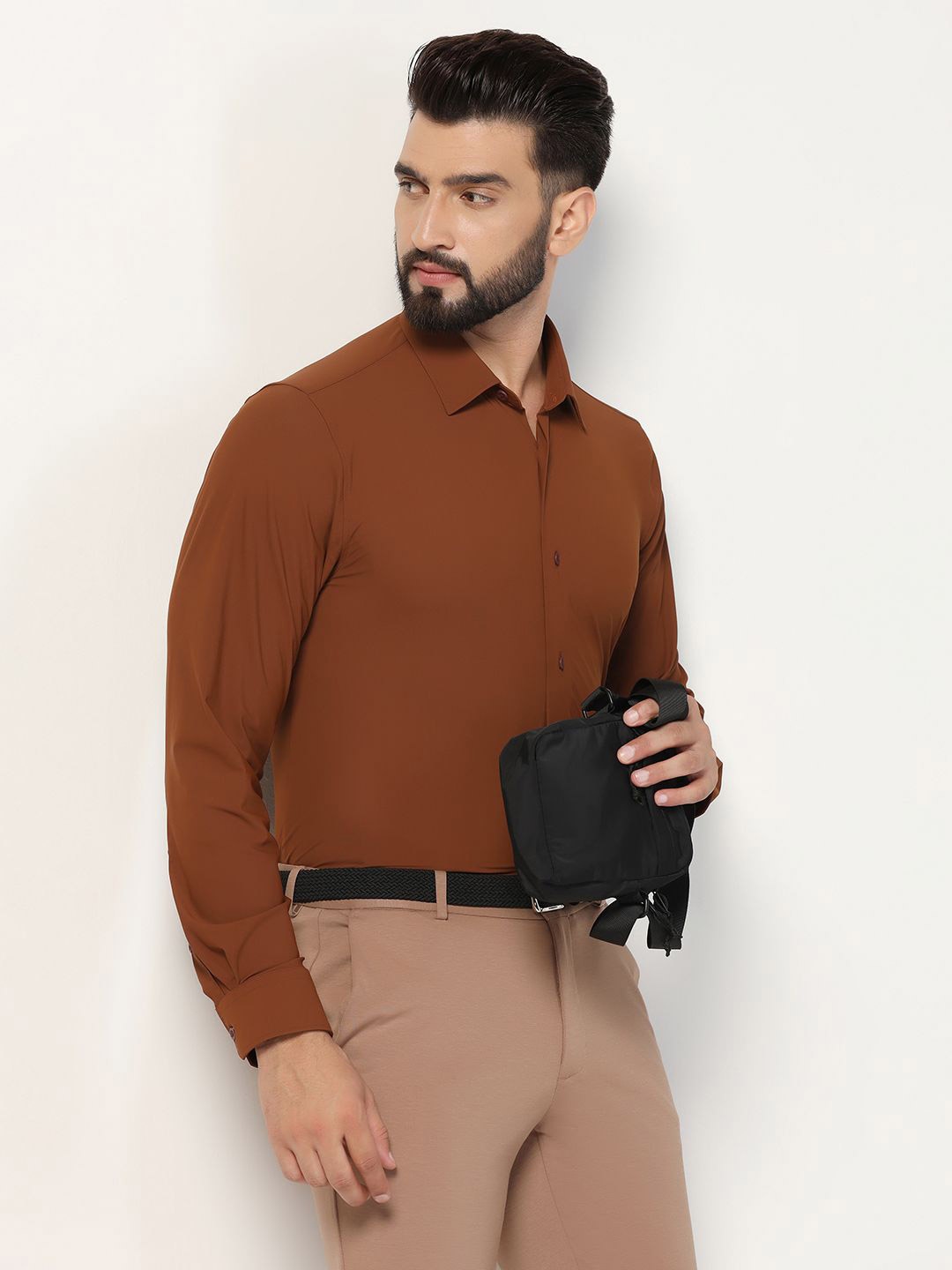 

Blackberrys Men India Slim Spread Collar Solid Nylon Slim Fit Casual Shirt, Rust