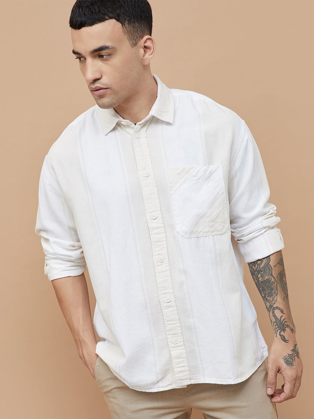 

Fame Forever by Lifestyle Men Spread Collar Solid Cotton Oversized Casual Shirt, White