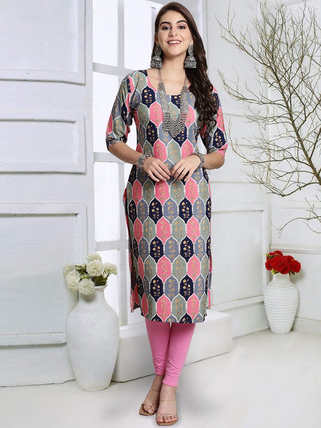 

7Threads Ethnic Motifs Printed Round Neck Crepe Straight Kurta, Blue