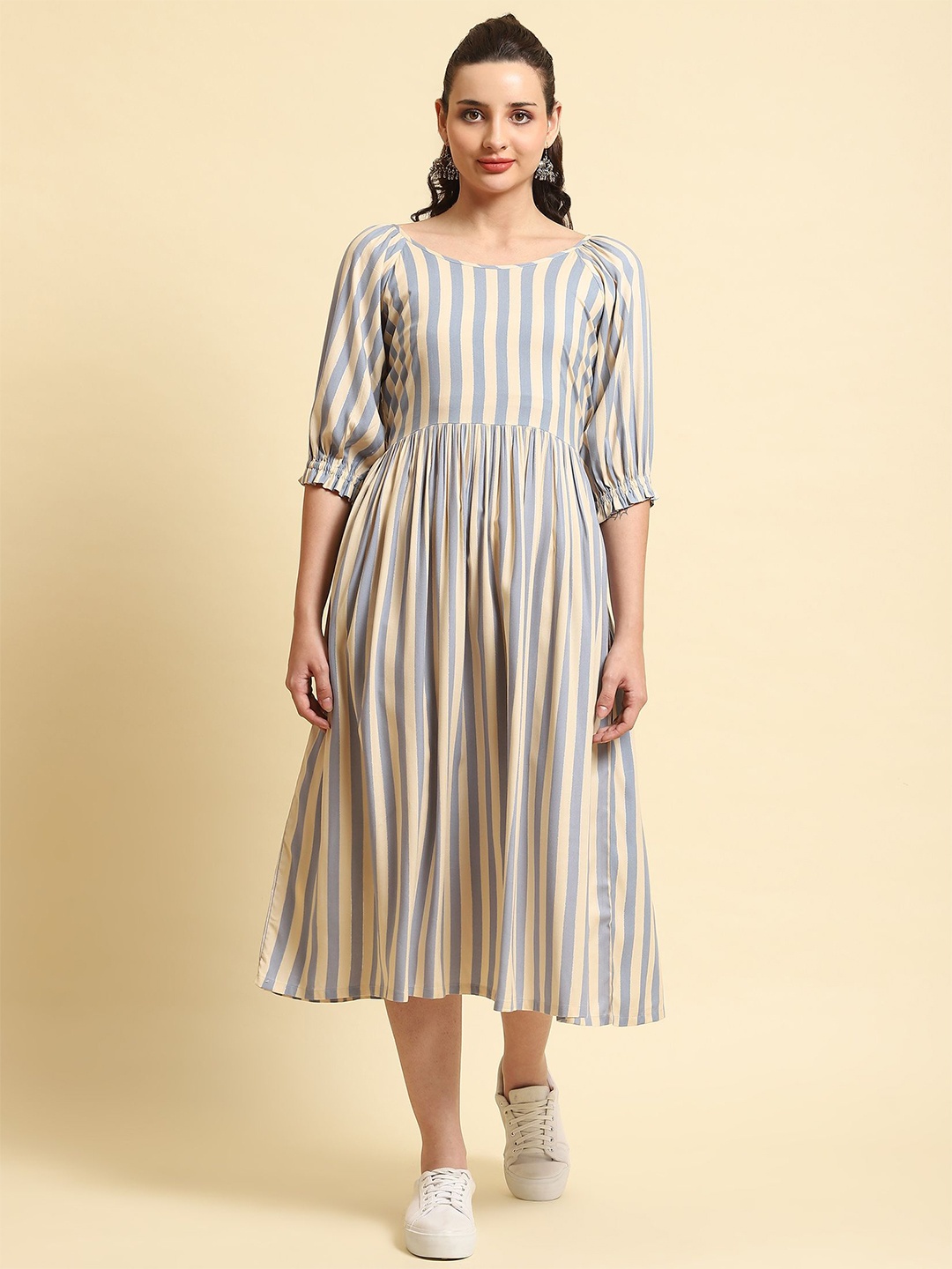 

Shree Striped Puff Sleeve Liva Fit & Flare Dress, Grey