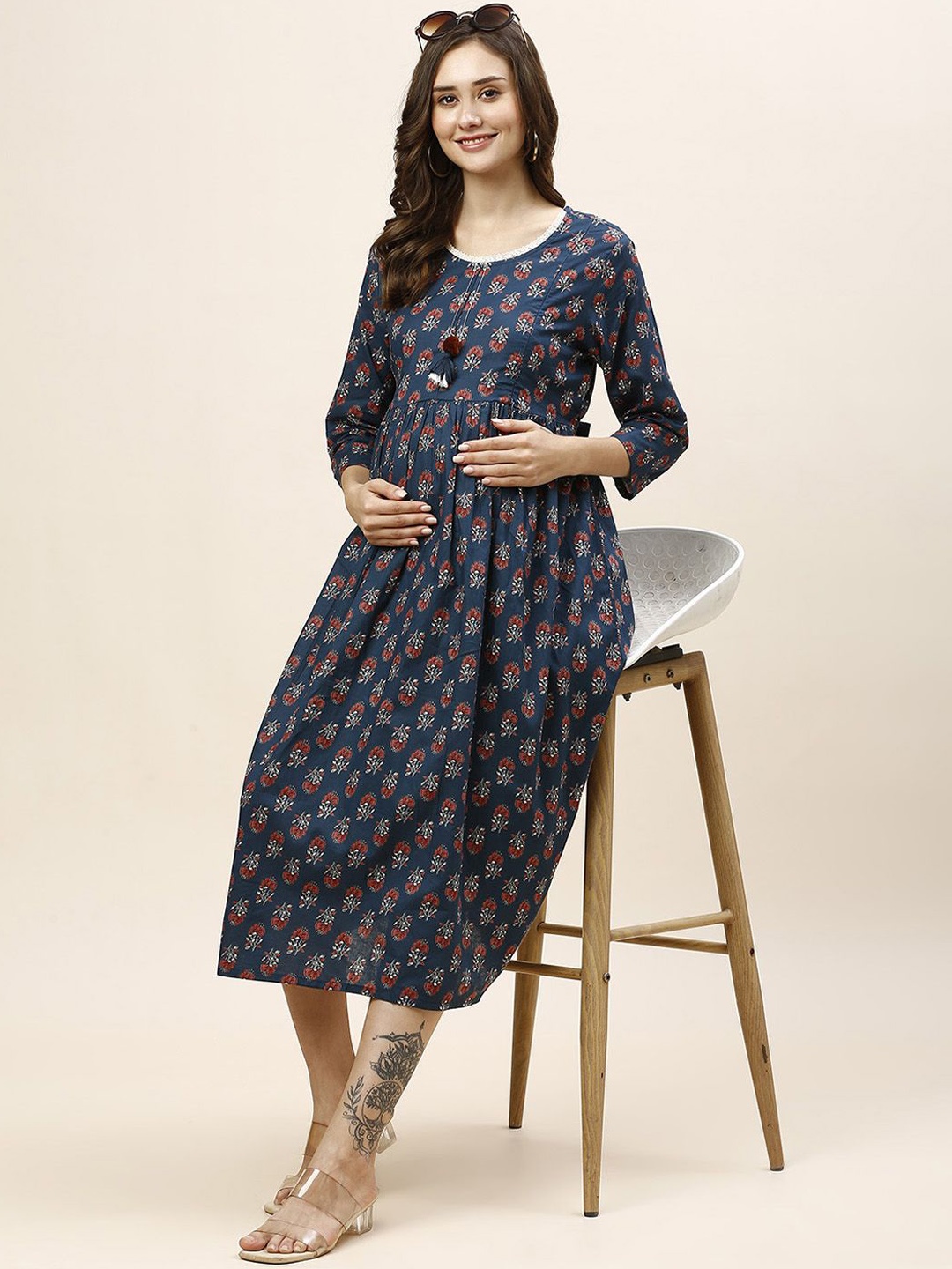 

MomToBe Women Pure Cotton Maternity Fit and Flare Ethnic Dress, Navy blue