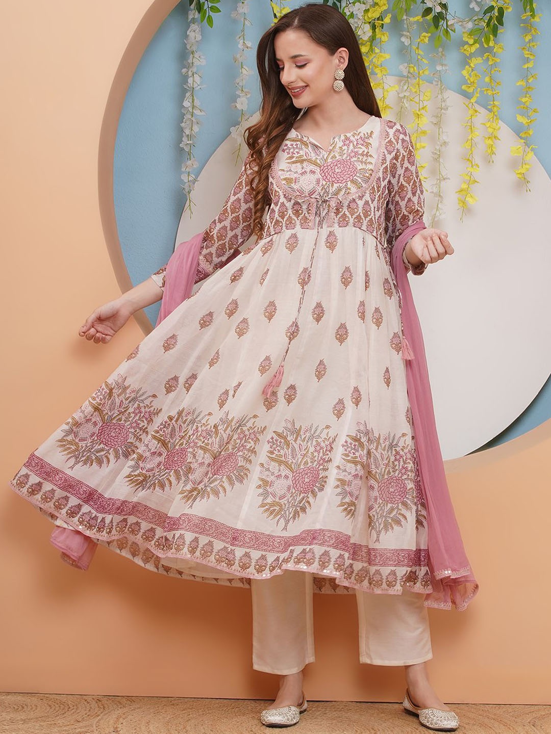 

Bhama Couture Floral Printed Sequinned Panelled Anarkali Kurta with Palazzos & Dupatta, White