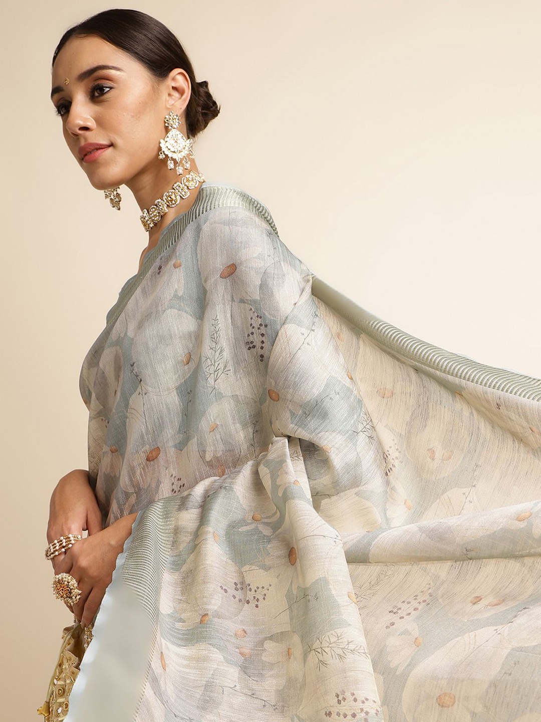 

DOI MOI Floral Print Banarasi Saree, Green