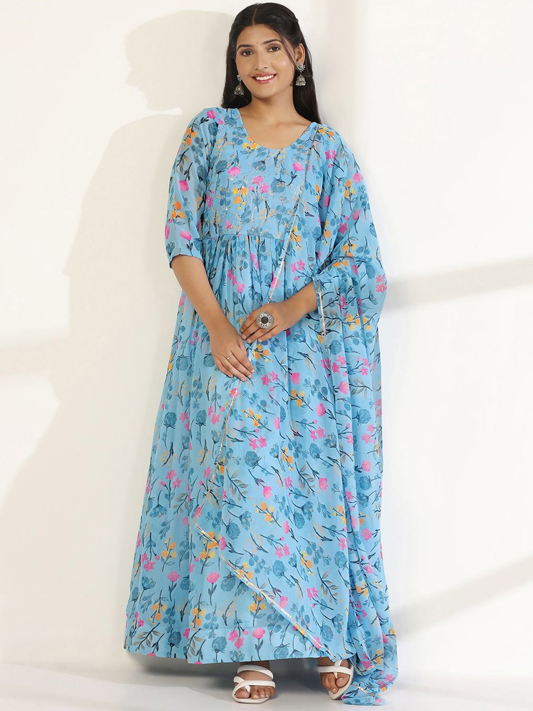 

BAESD Fit & Flared Printed Ethnic Dress With Dupatta, Blue