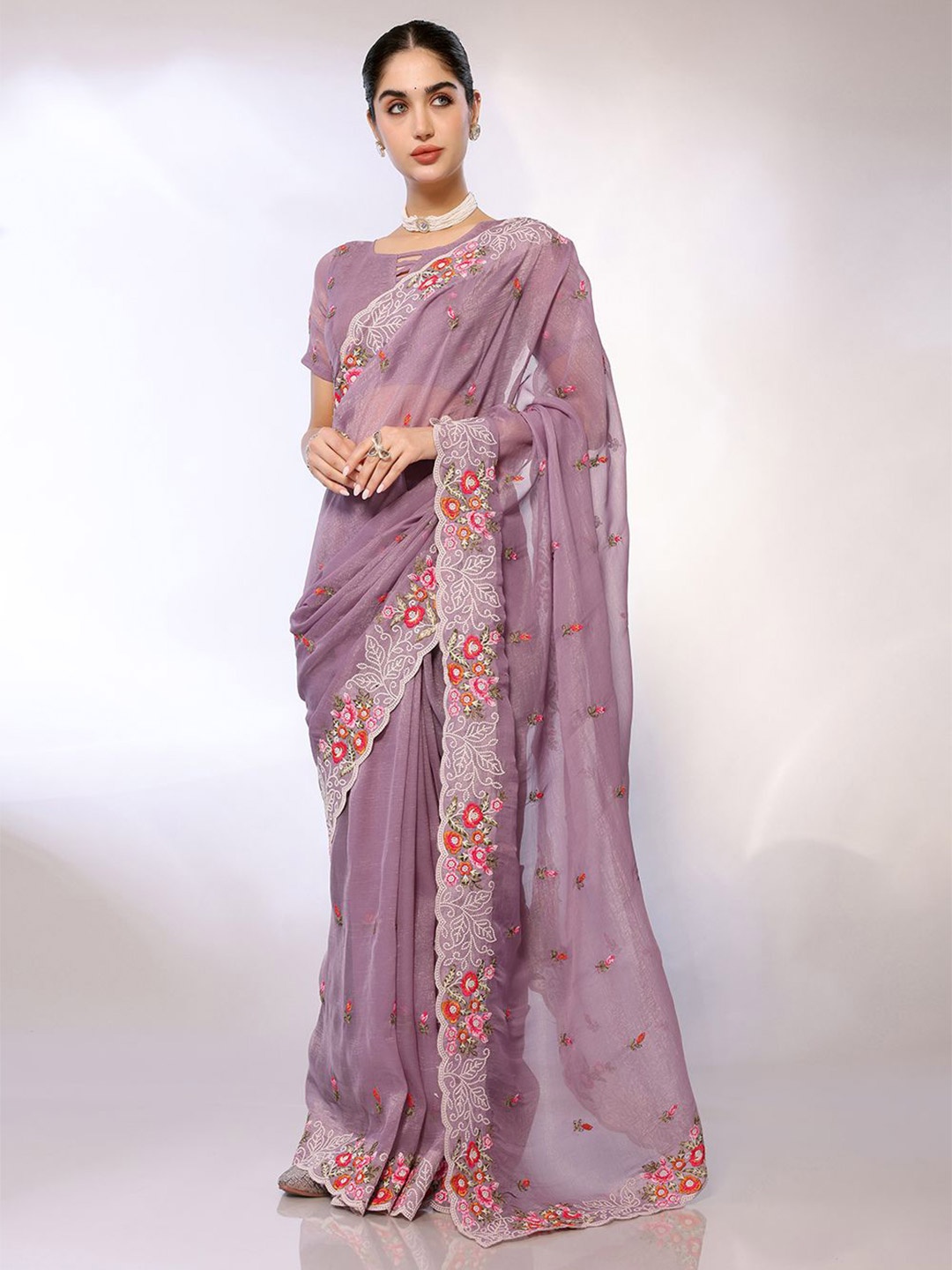 

FABMORA Floral Embroidered Tissue Saree, Lavender