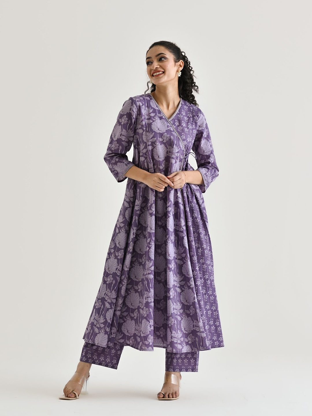 

Rustorange Floral Printed Angarakha Pure Cotton Tunic With Trousers, Lavender