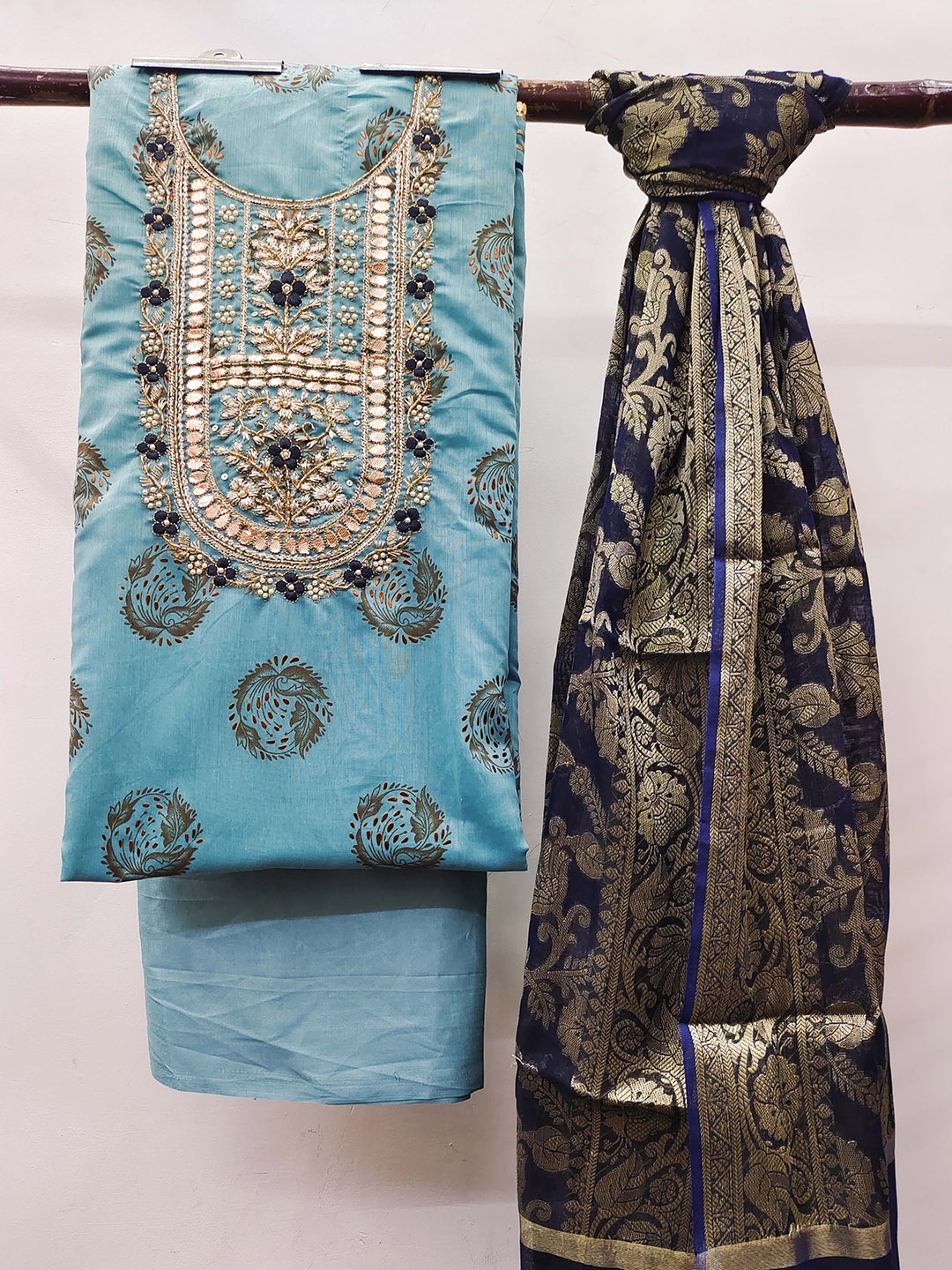 

KIMISHA Beads & Stones Floral Embellished Unstitched Dress Material, Blue