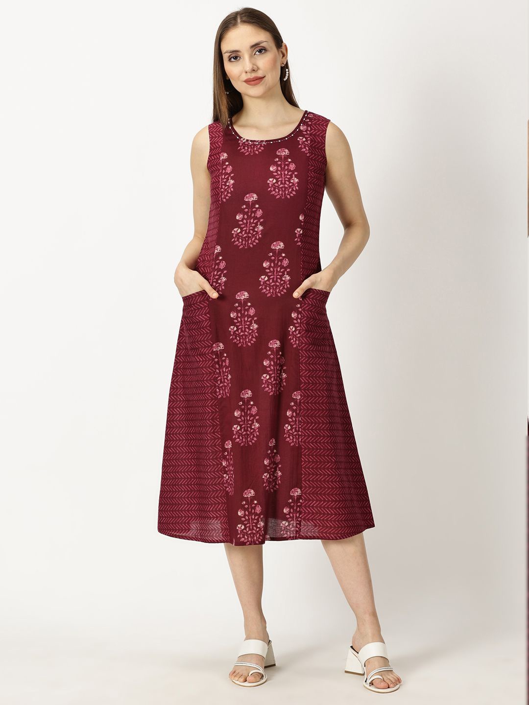 

Saffron Threads Ethnic Motifs Printed A-Line Midi Dress, Burgundy