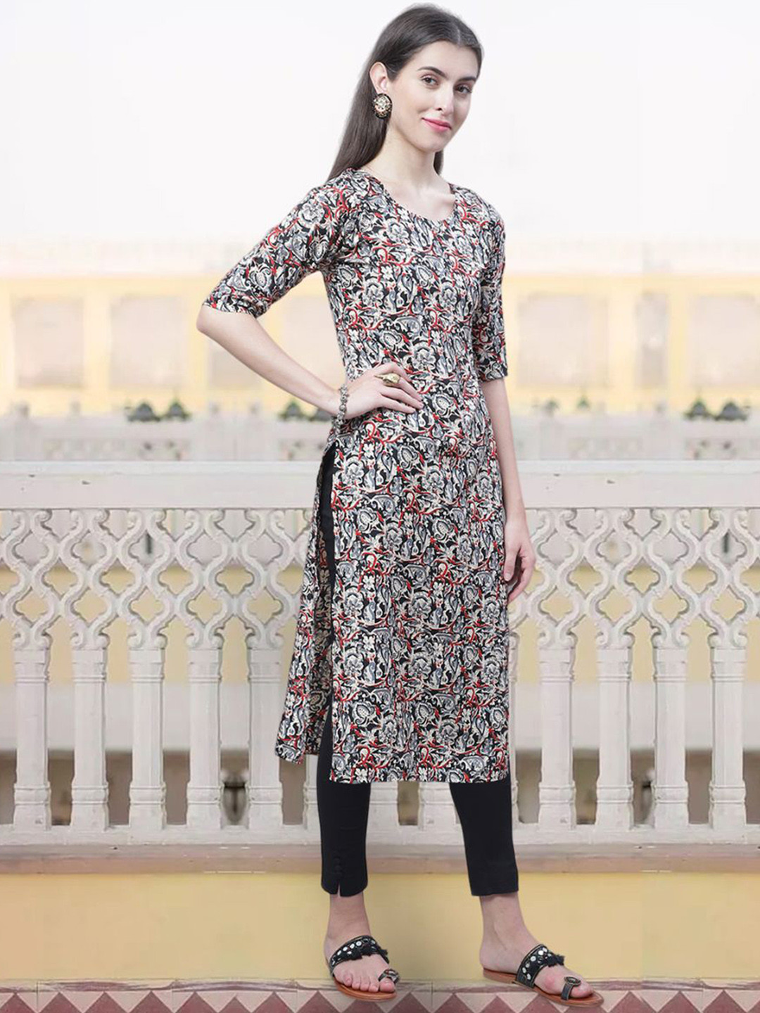 

7Threads Floral Printed Round Neck Crepe Straight Kurta, Grey