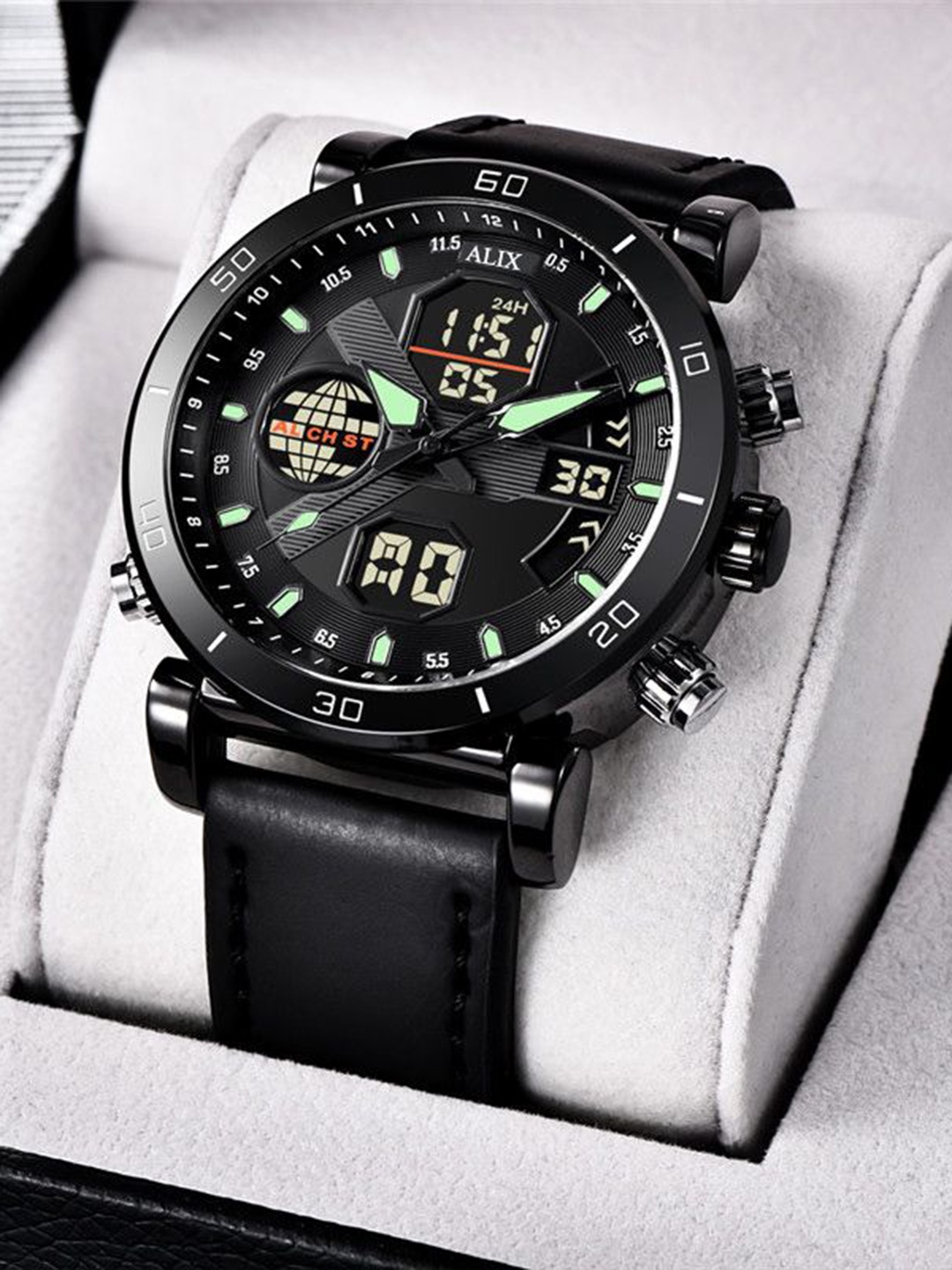 

ALIX Men Brass Patterned Dial & Leather Straps Analogue and Digital Multi Function Watch AL3042 BLACK