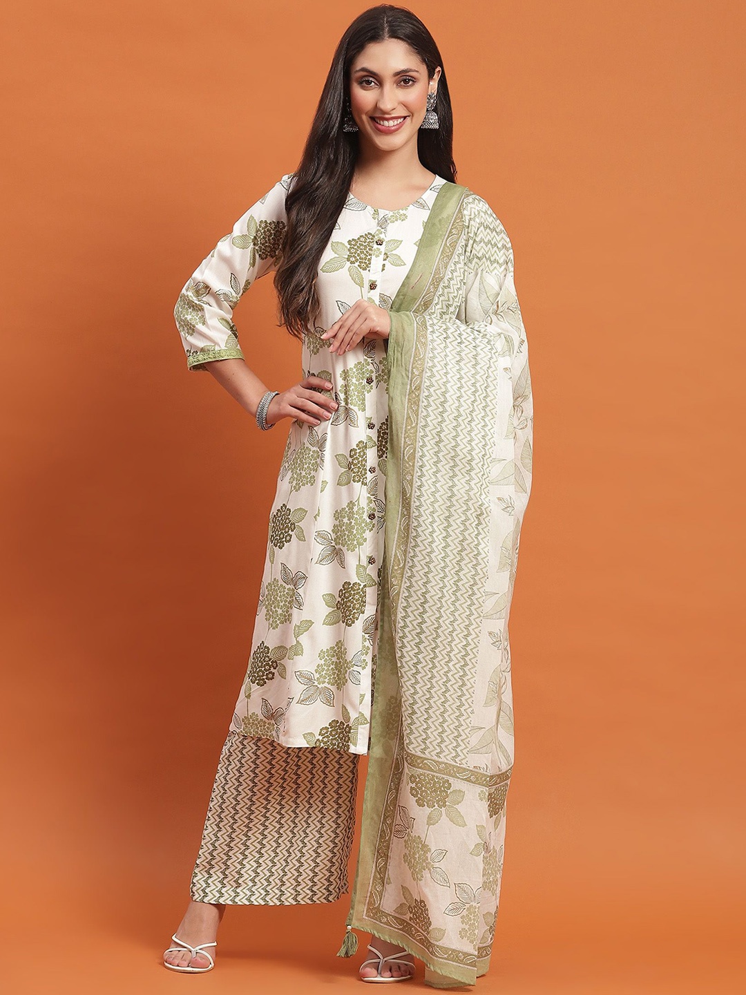 

Shree Floral Printed Liva Straight Kurta & Palazzos With Dupatta, White