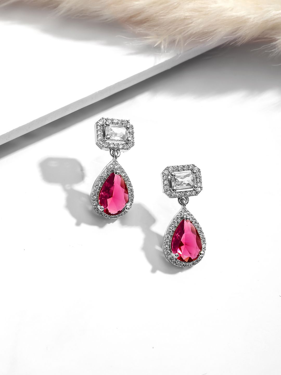 

Rubans Rhodium Plated Crystal Ruby & Cubic Zirconia Studded Teardrop Drop Earrings, Silver