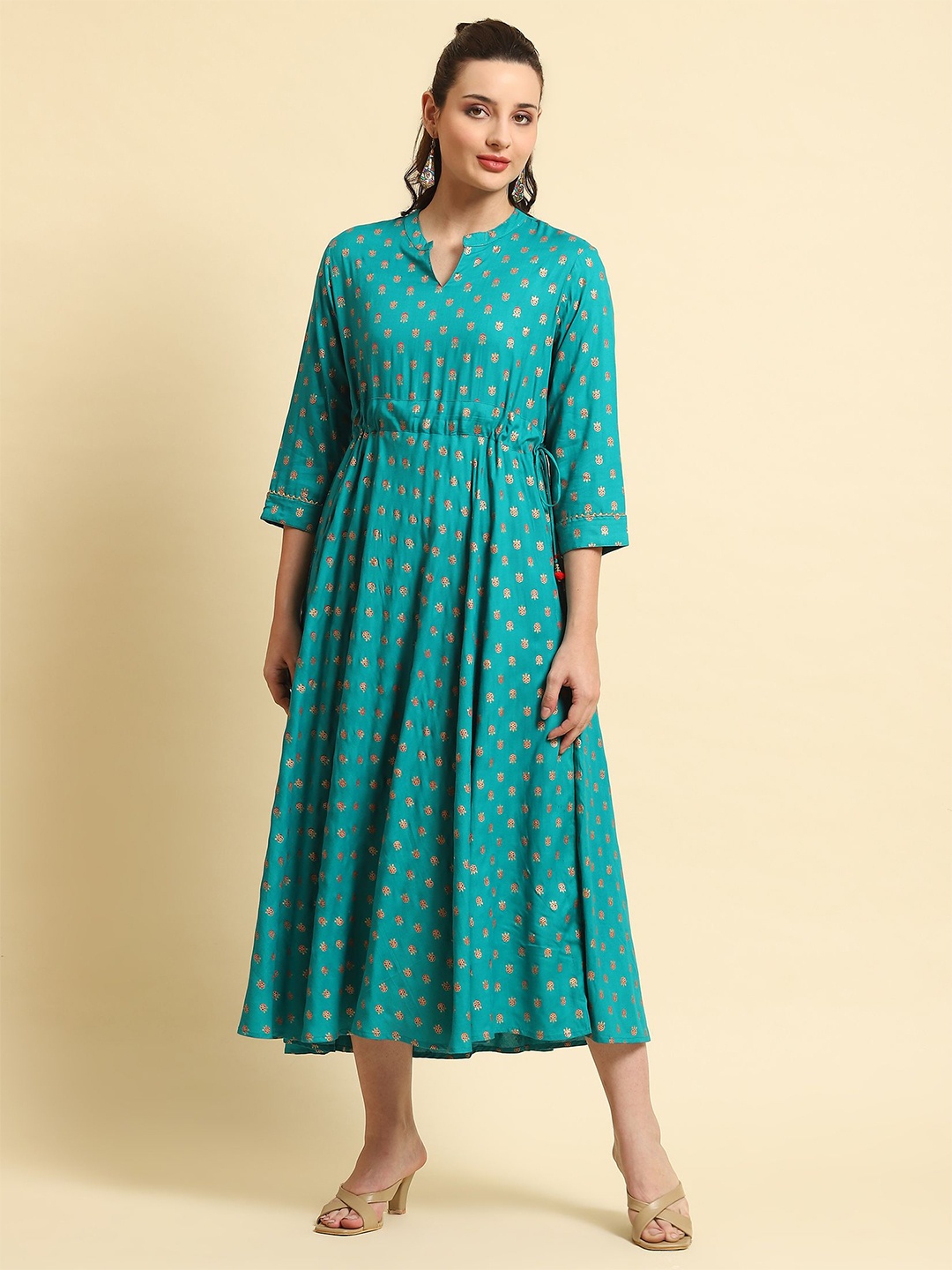 

Shree Women Printed Liva Fit & Flare Maxi Dress, Turquoise blue
