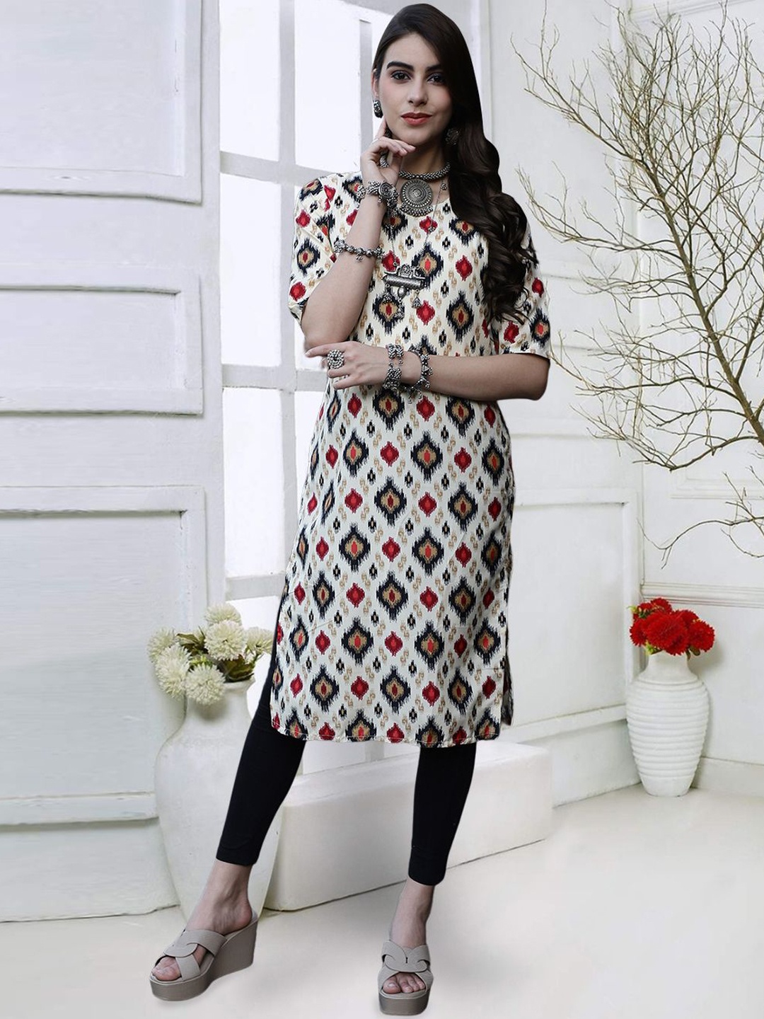 

7Threads Ethnic Motifs Printed Round Neck Straight Kurta, White