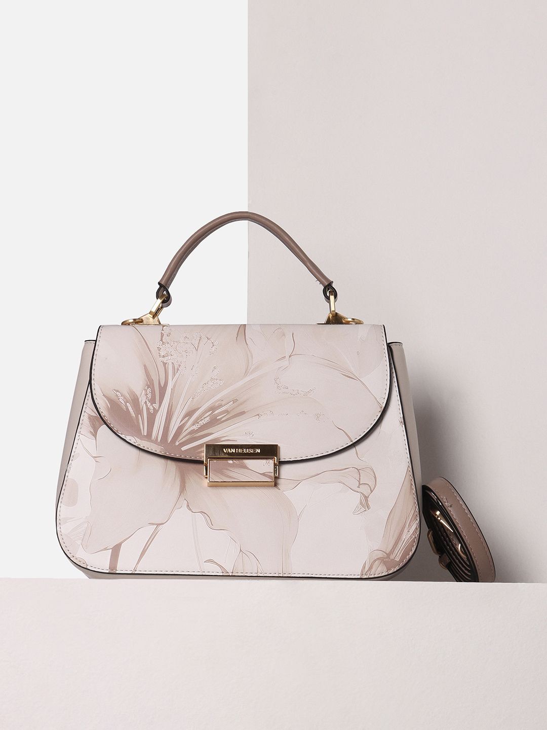 

Van Heusen Woman Floral Printed PU Structured Sling Bag, Beige