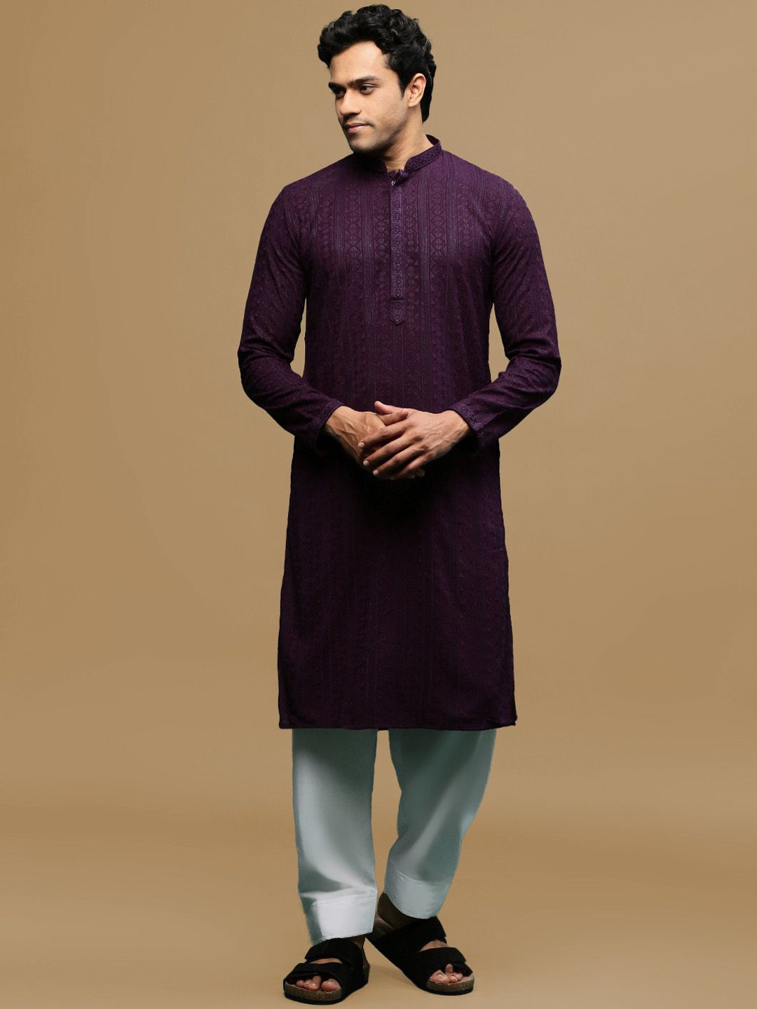 

Sanwara Floral Embroidered Chikankari Mandarin Collar Straight Kurta with Patiala, Purple