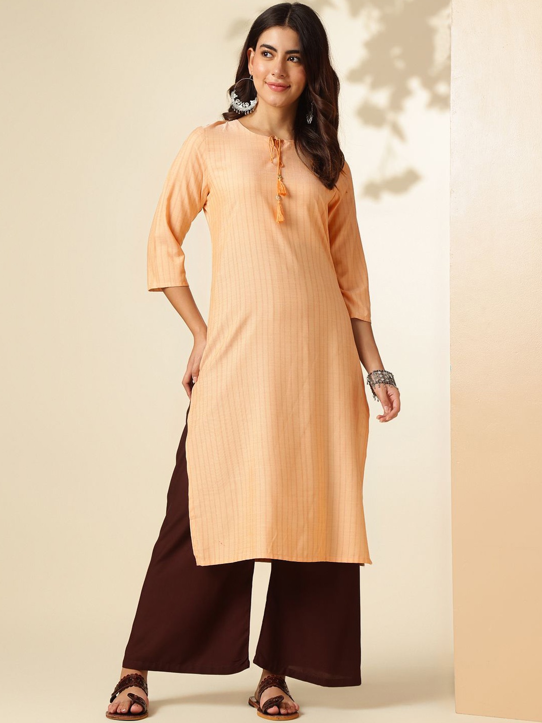 

Anouk Rustic Striped Woven Design Tie-Up Neck Straight Kurta, Yellow