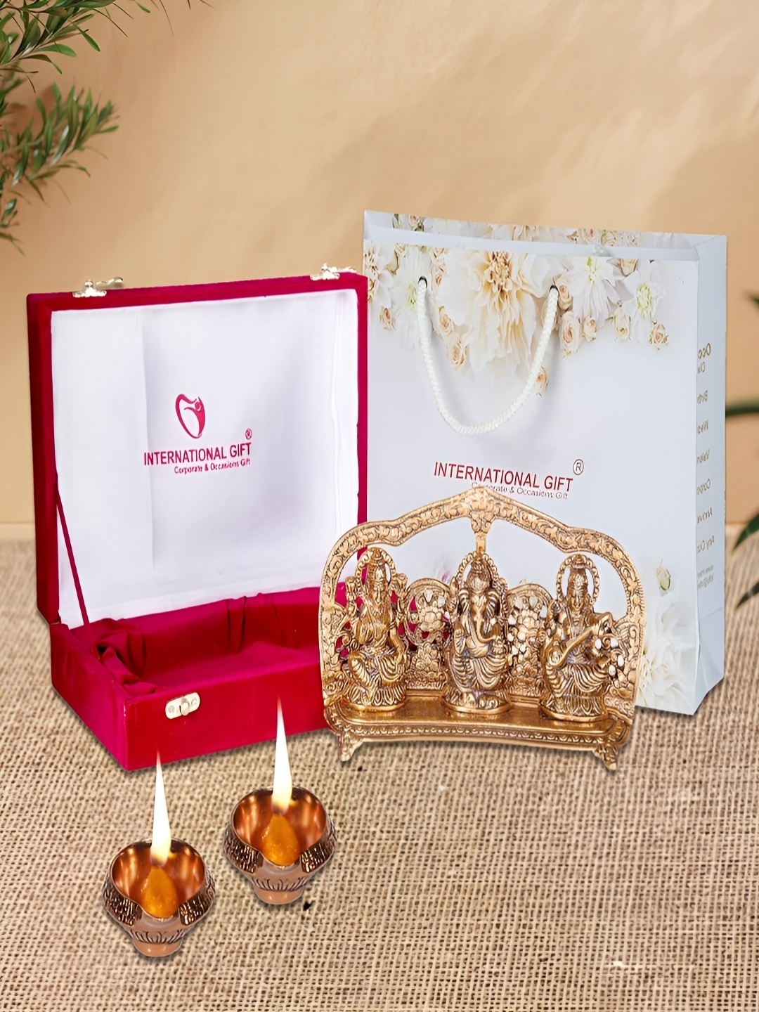 

INTERNATIONAL GIFT GoldToned & Red 3 Pcs Laxmi Ganesha Sarswati Home Gift Sets, Gold