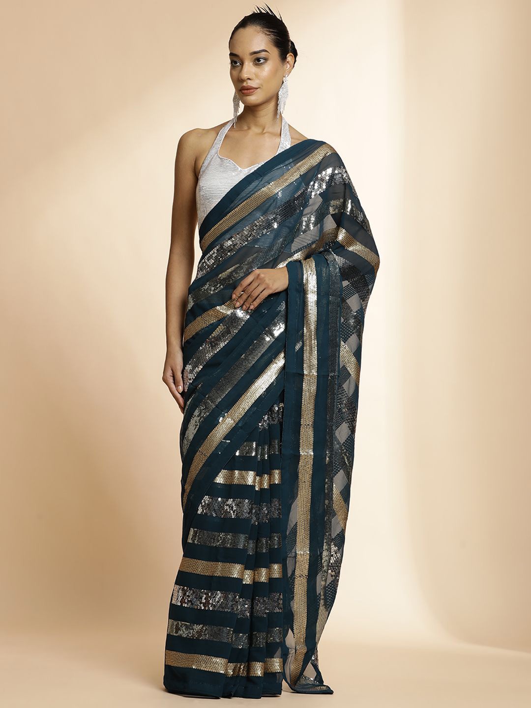 

Jaipur Kurti Embellished Sequinned Striped Pure Georgette Saree, Blue