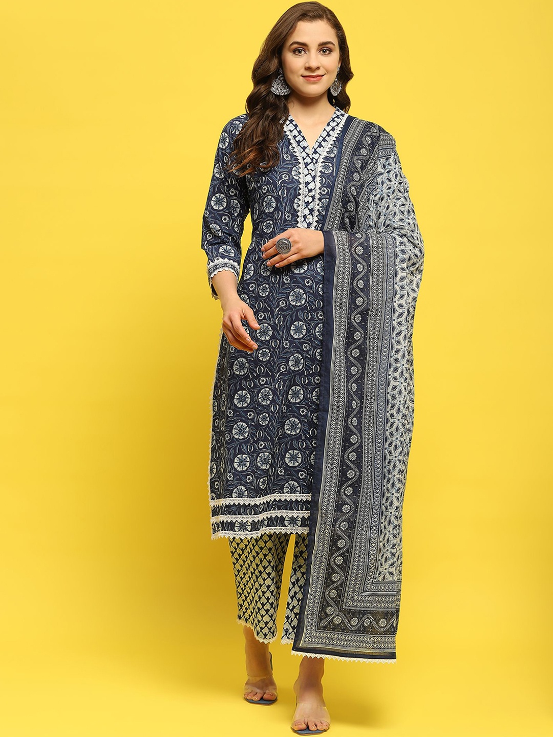

Shree Floral Printed V-Neck Pure Cotton Kurta With Trousers & Dupatta, Navy blue