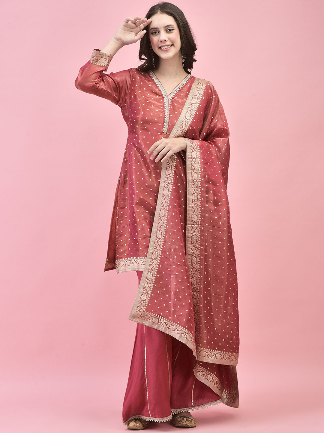

Shree Woven Design Gotta Patti Kurta with Sharara & Dupatta, Pink