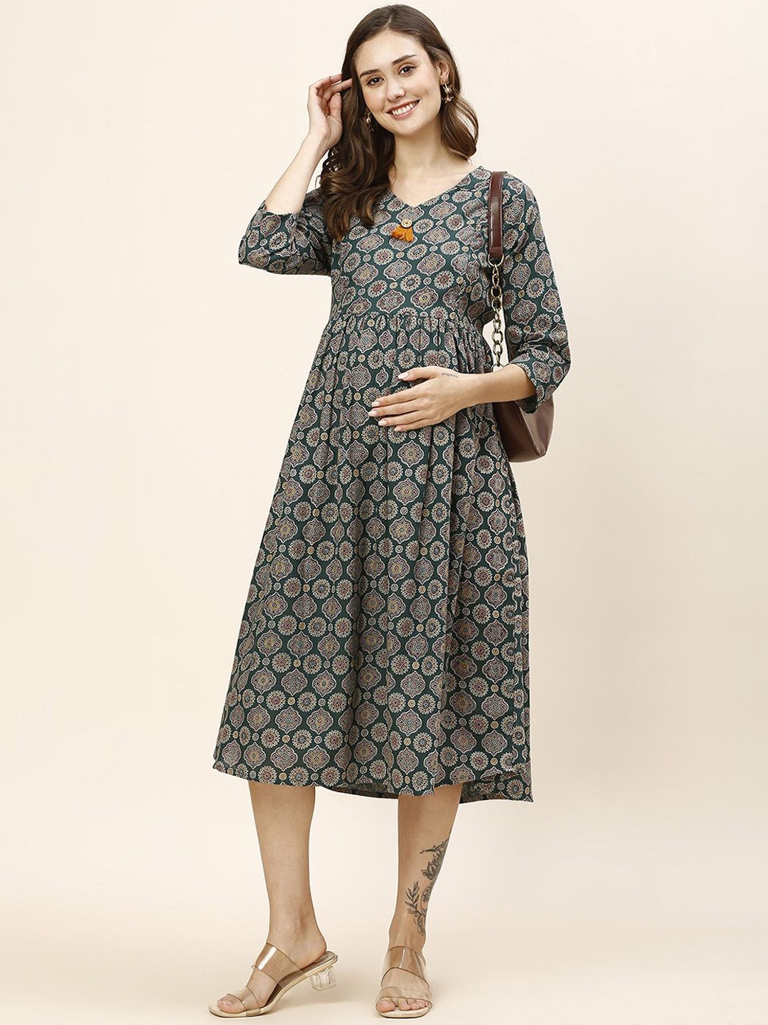 

MomToBe Ajrak Printed Maternity Empire Midi Ethnic Dress, Green