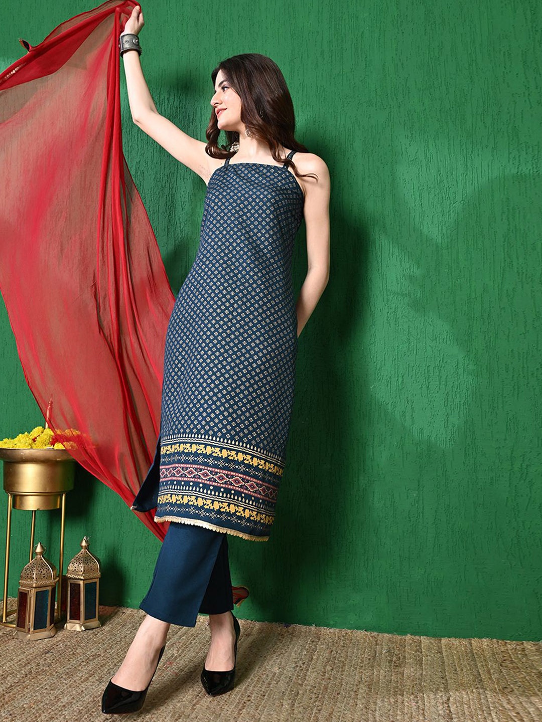 

Sangria Ethnic Motifs Printed Straight Kurta With Trouser & Dupatta, Blue