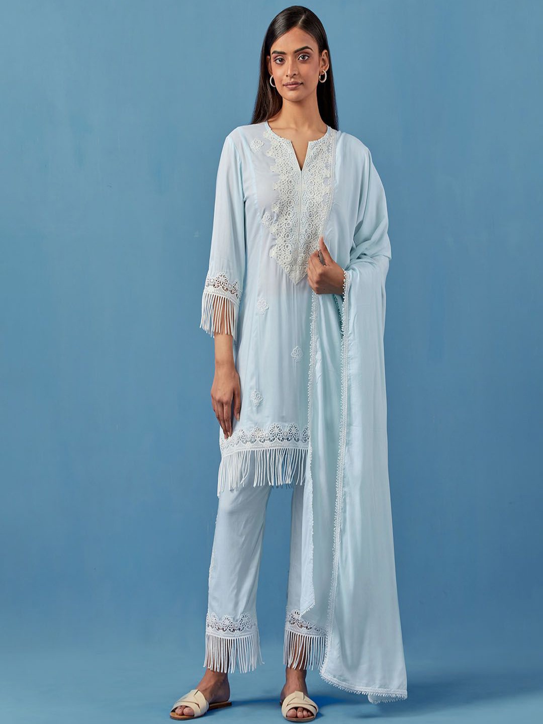 

Sage Saga Floral Embroidered Regular Kurta With Trousers & Dupatta, Blue