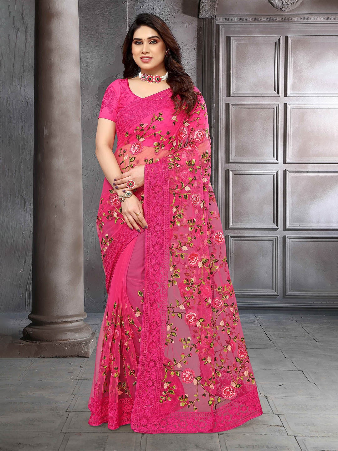 

NIRMAL CREATION Floral Embroidered Maheshwari Saree, Pink