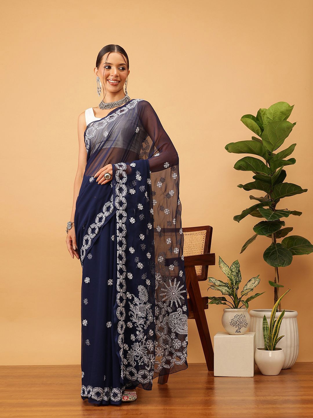 

ADA Embellished Embroidered Saree, Navy blue