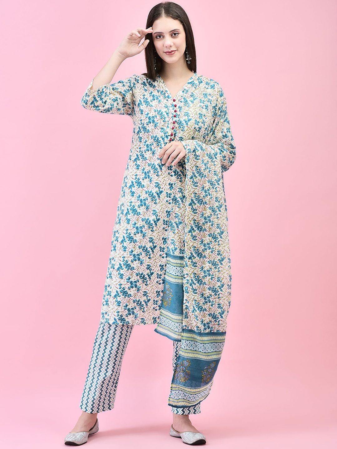 

Shree Floral Printed Pure Cotton Straight Kurta & Trousers With Dupatta, Blue