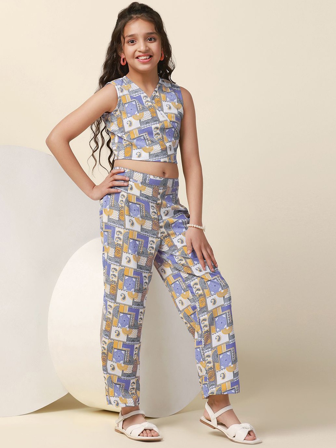 

FASHION DREAM Girls Abstract Printed Wrap Top With Trousers, Blue