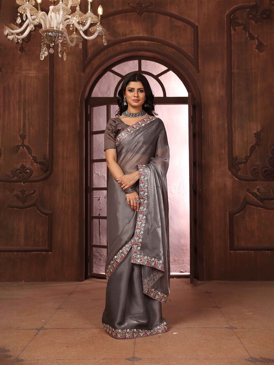 

NIRMAL CREATION Embroidered Maheshwari Saree, Grey