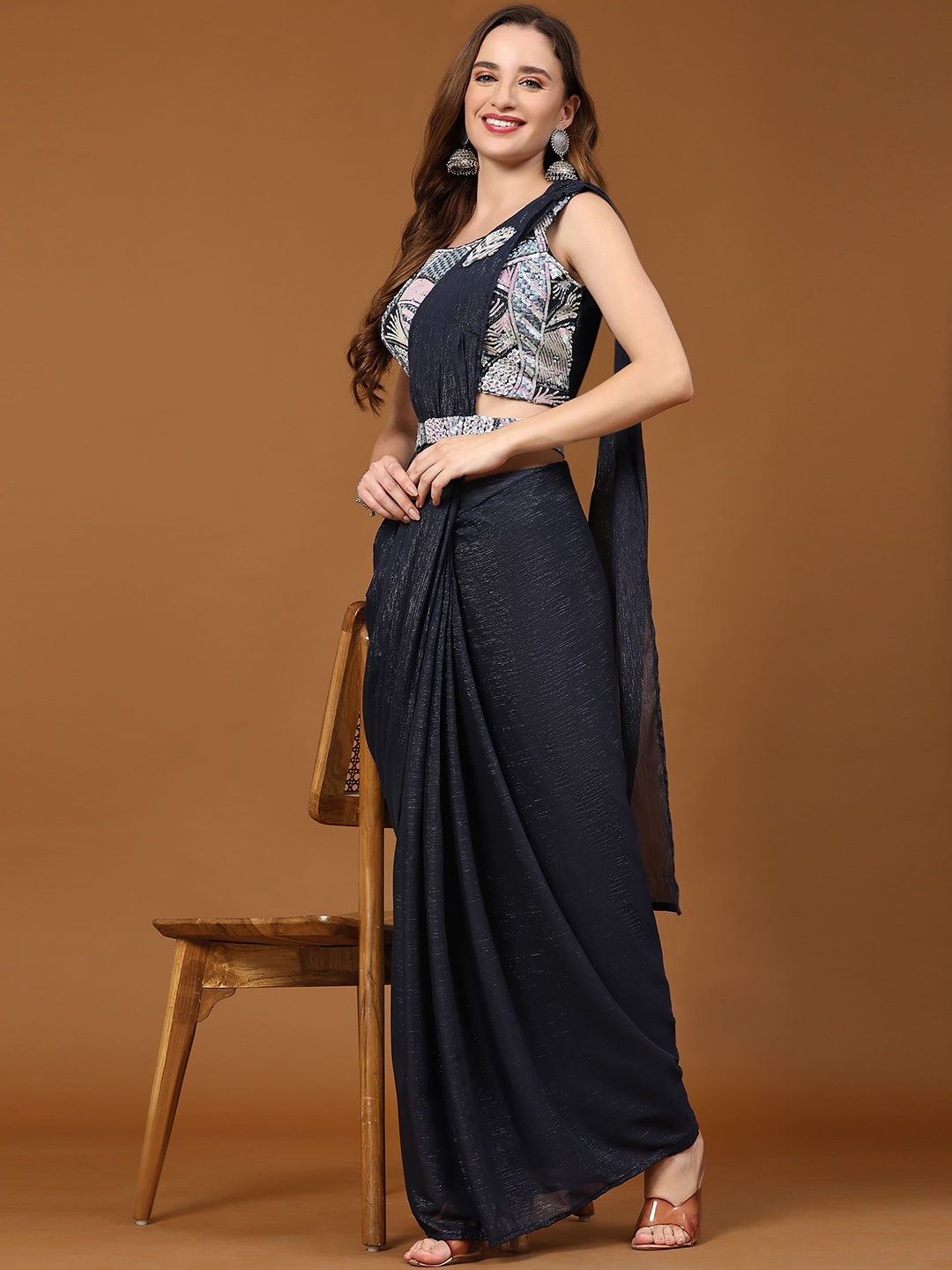 

AMOHA TRENDZ Pure Chiffon Ready to Wear Saree, Blue