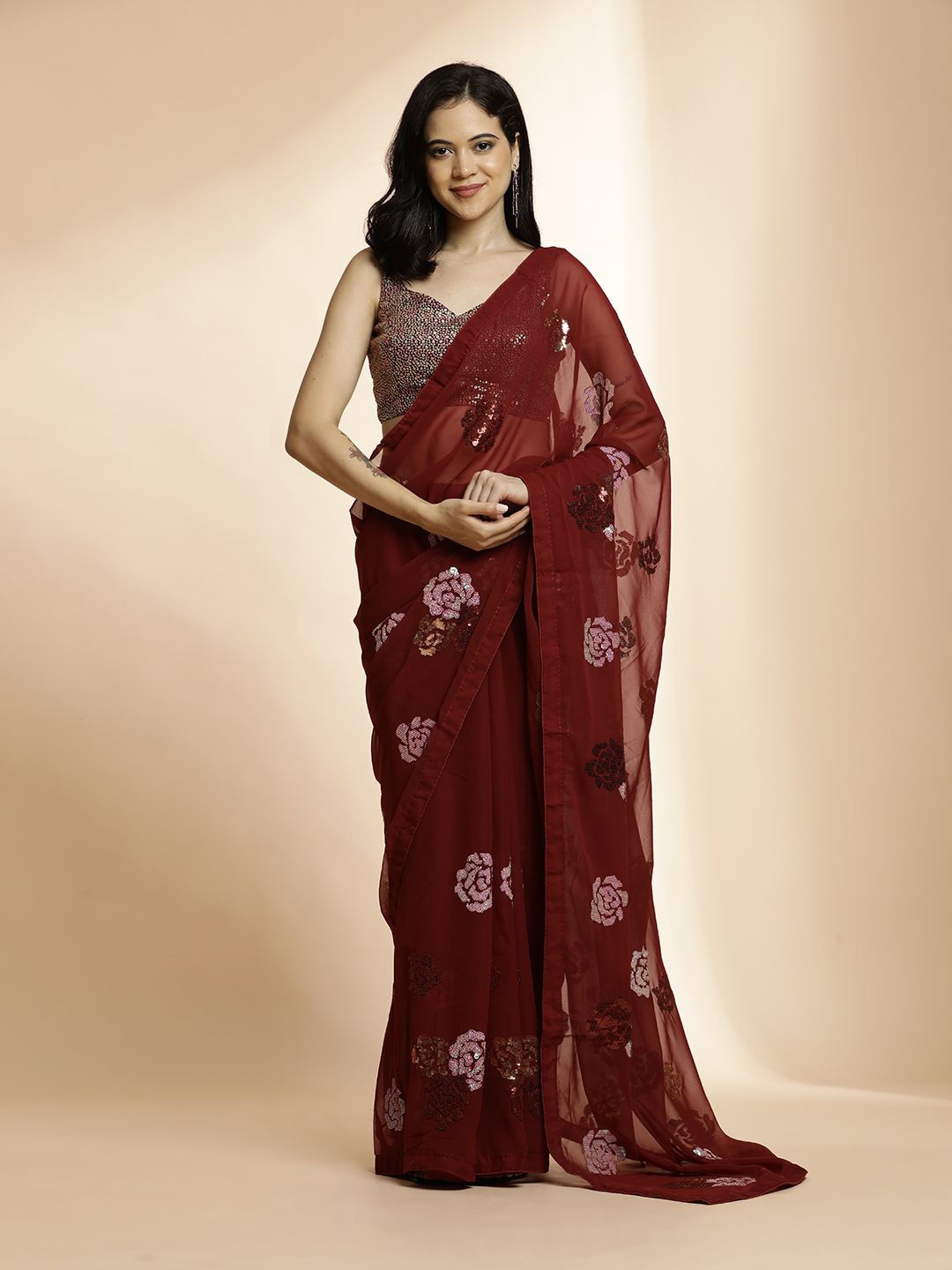 

Jaipur Kurti Embellished Sequinned Saree, Maroon