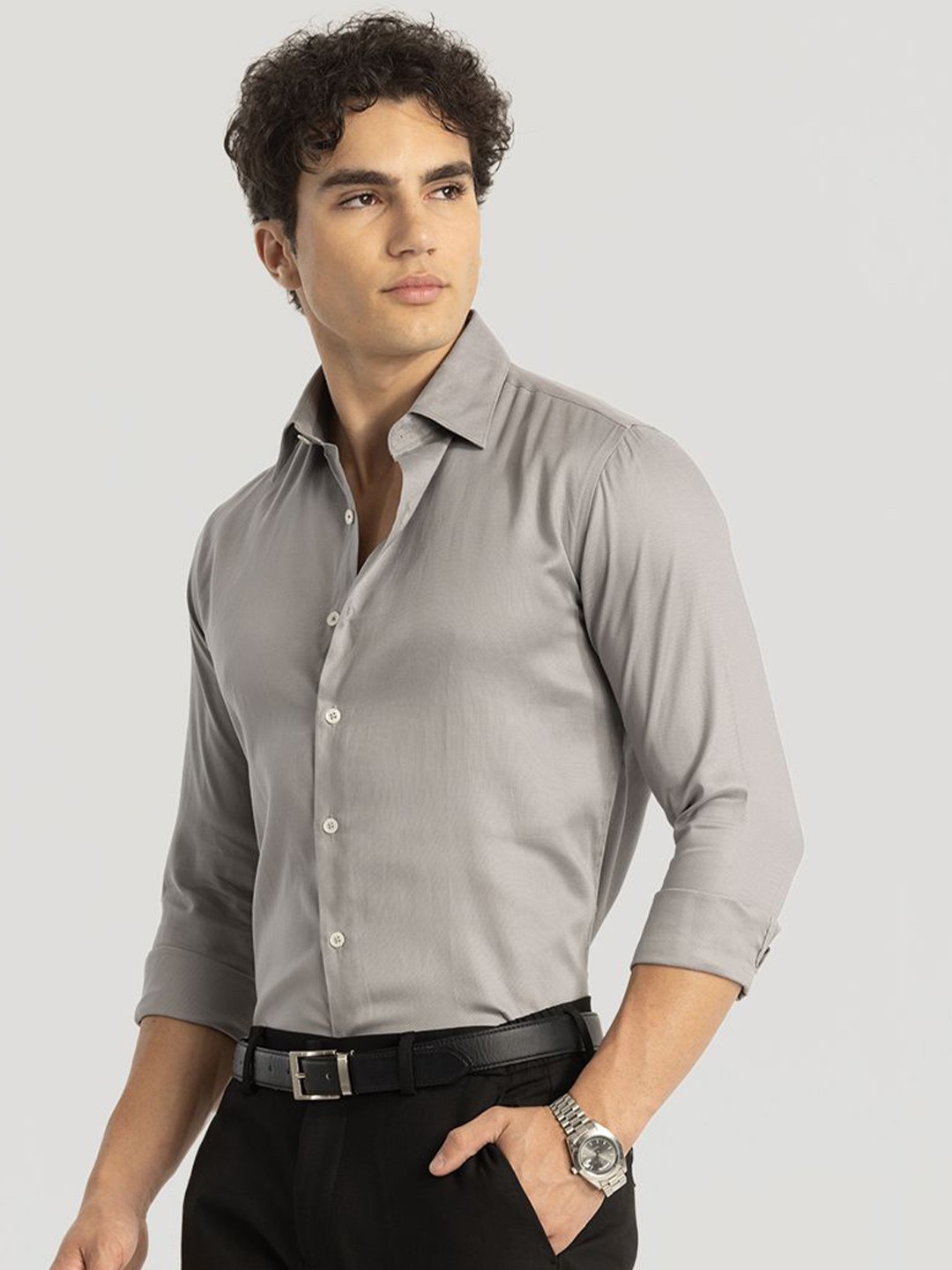 

Snitch Men Smart Spread Collar Solid Cotton Slim Fit Formal Shirt, Grey