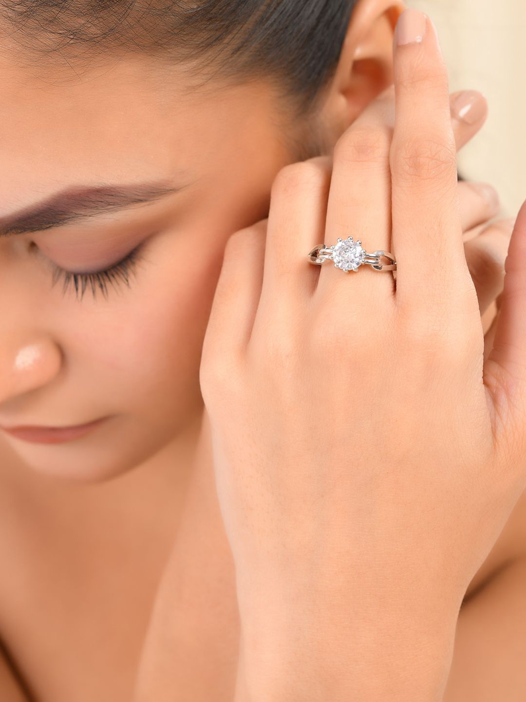 

Silvermerc Designs Silver-Plated American Diamond-Studded Adjustable Finger Ring