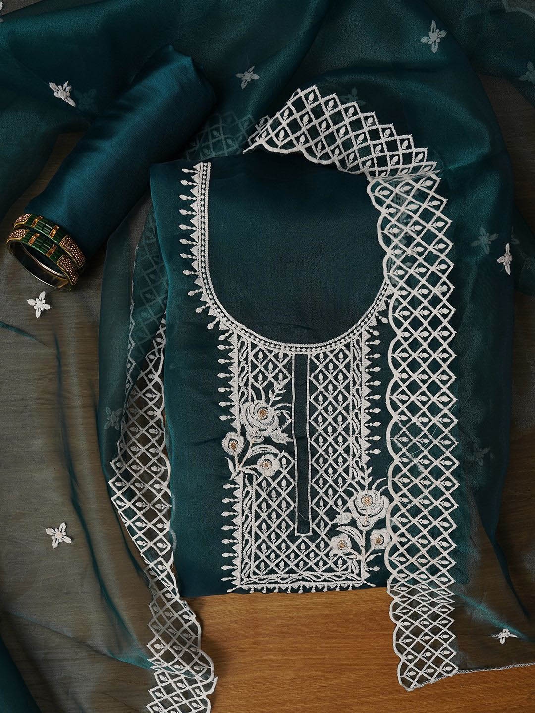 

Jaipur Kurti Unstitched Embroidered Organza Dress Material With Dupatta, Teal