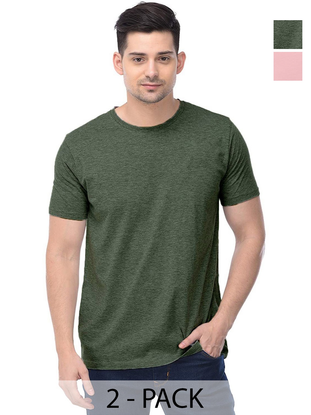 

COLOR CAPITAL Unisex Pack Of 2 Solid Round Neck Cotton T-shirts, Olive