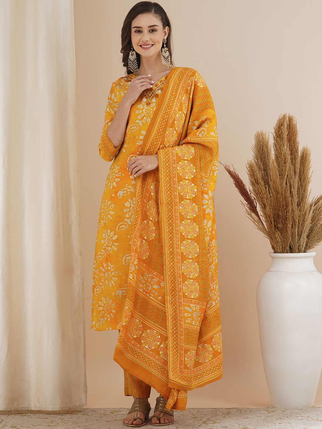 

FASHOR Floral Printed V-Neck Mirror Work Straight Kurta with Trousers & Dupatta, Yellow