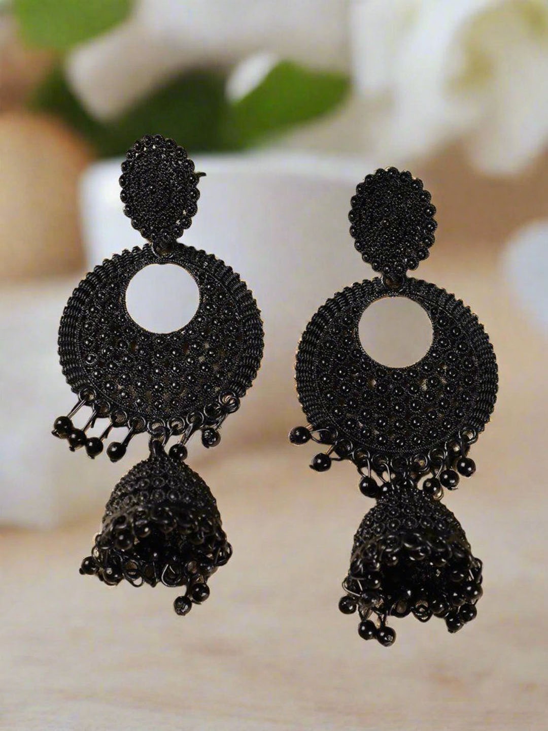 

Jazz and Sizzle Floral Beaded Jhumkas, Black