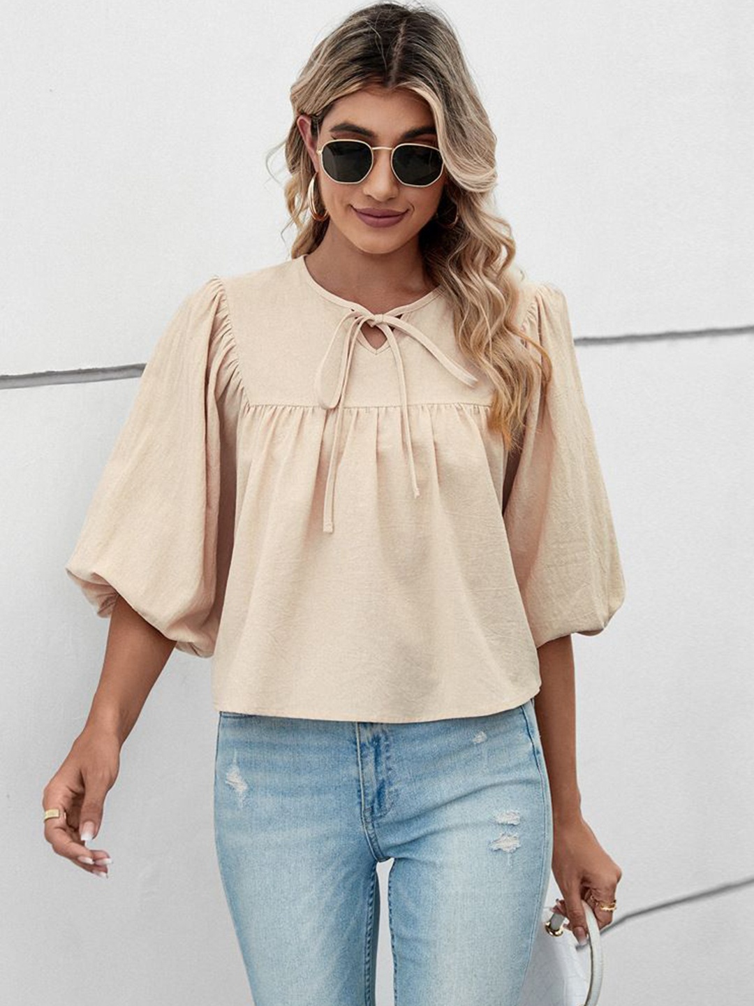 

StyleCast Women Solid Tie-Up Neck Cotton Top, Beige