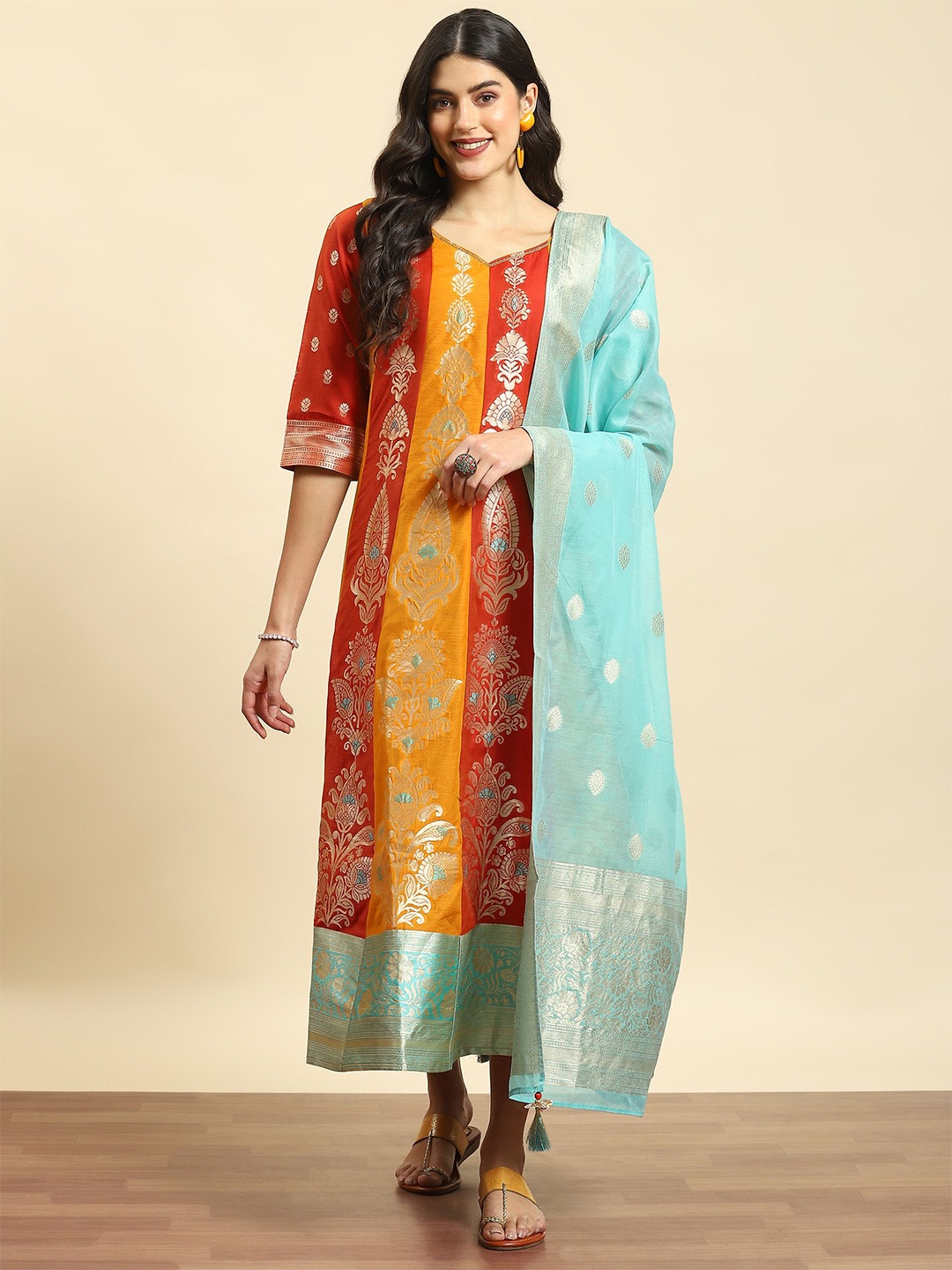 

Shree Ethnic Motifs Print Jacquard A-Line Maxi Dress, Orange