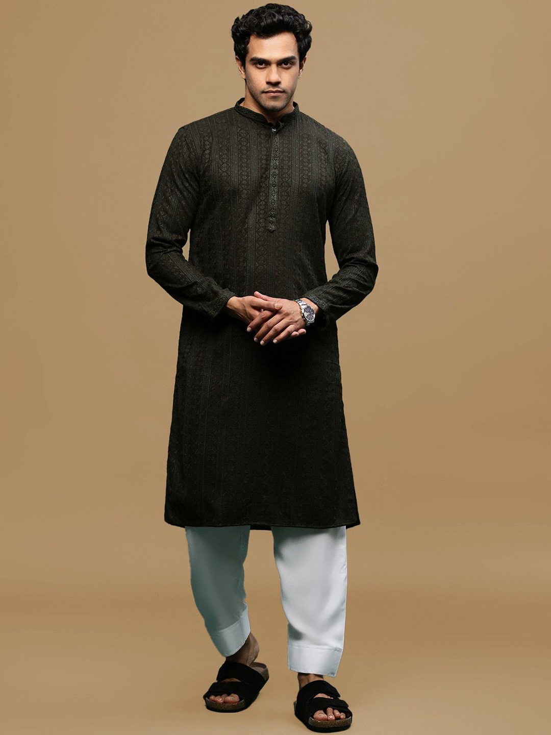 

Sanwara Floral Embroidered Chikankari Mandarin Collar Straight Kurta with Patiala, Olive