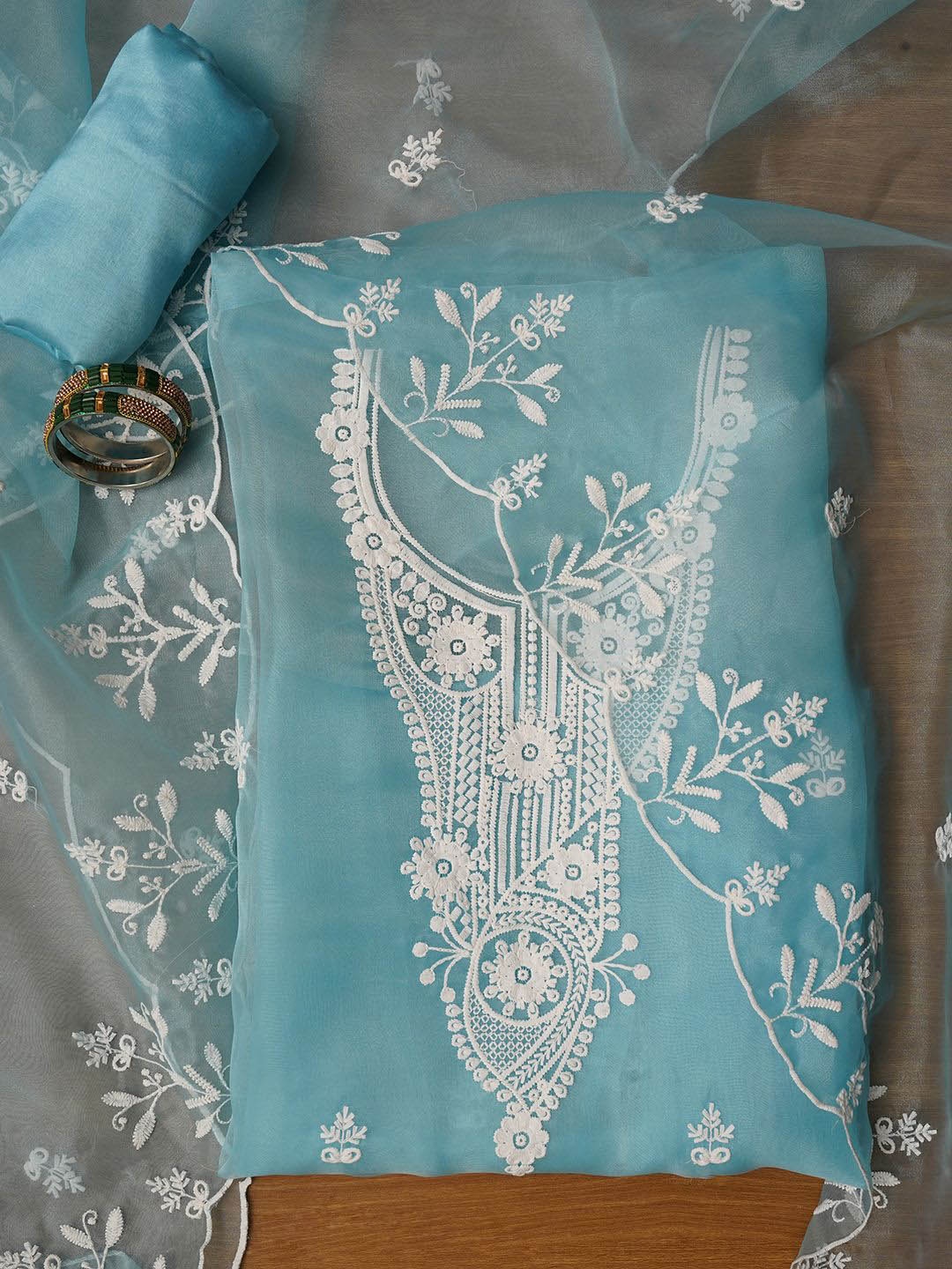 

Jaipur Kurti Unstitched Embroidered Organza Dress Material With Dupatta, Blue