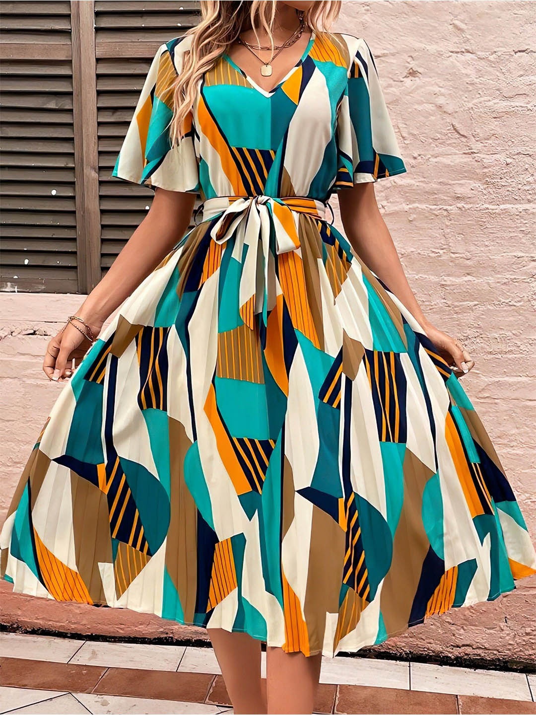 

Femvy Print Bell Sleeve Applique Crepe Fit & Flare Dress, Beige