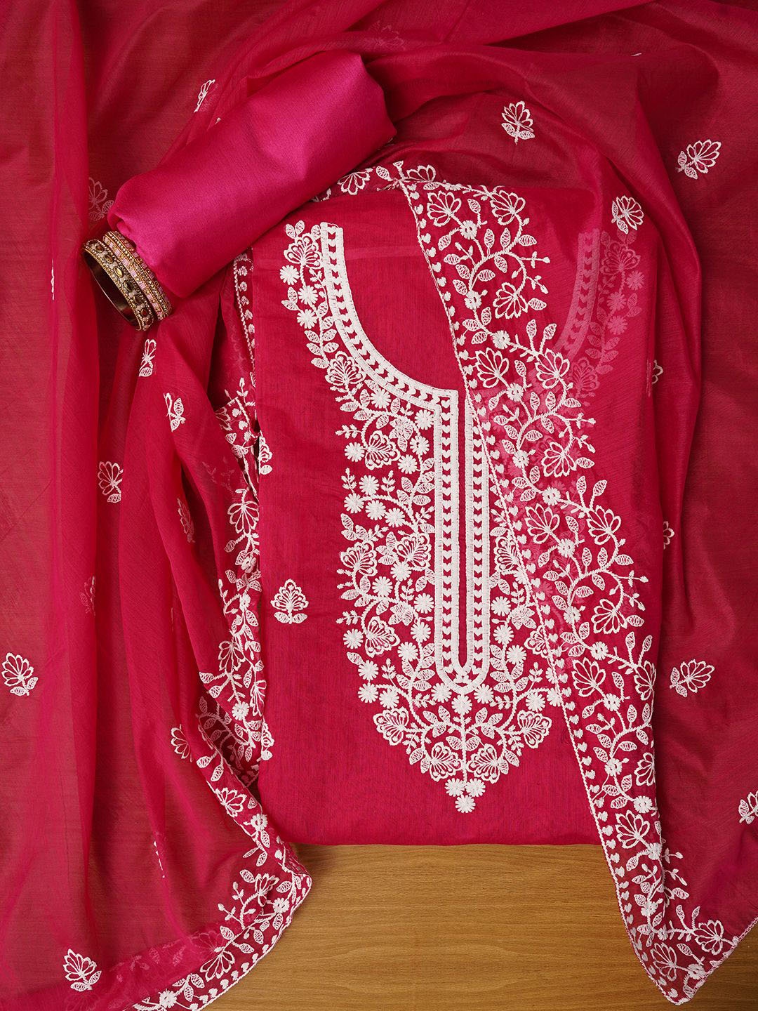 

Jaipur Kurti Unstitched Embroidered Cotton Blend Dress Material With Dupatta, Pink