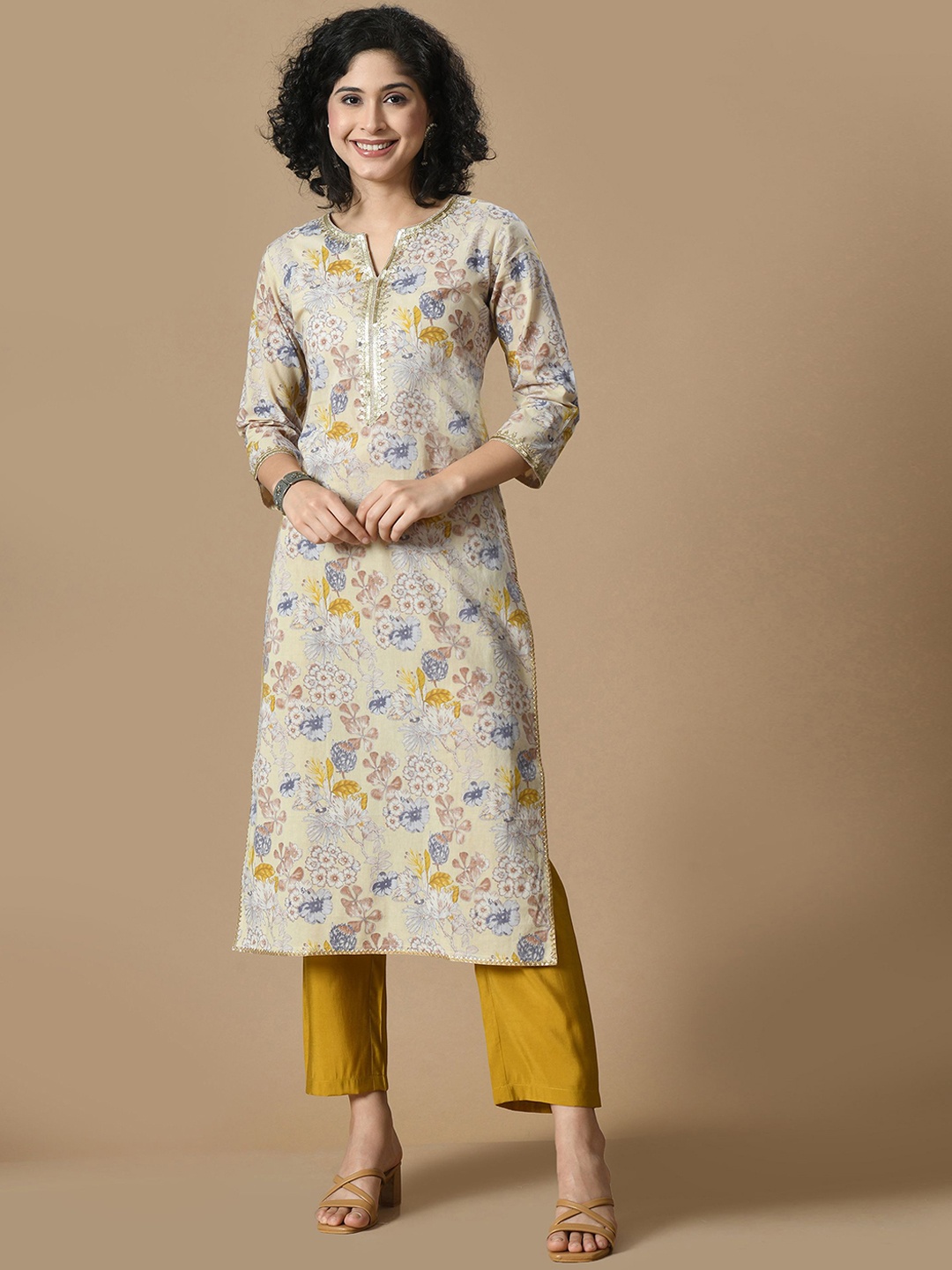 

Sangria Beige Floral Printed Notch Neck Gotta Patti Straight Kurta With Palazzo